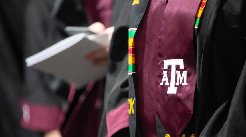 a close up image of a graduation stole with the texas a&m logo