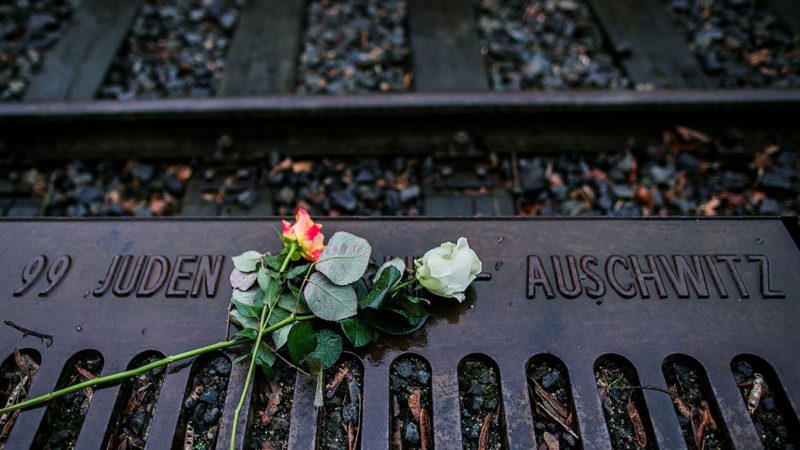 Roses left by mourners lie next to one of the many plaques detailing transports of Berlin Jews to concentration camps