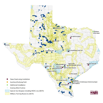 Graphic of a map of the state of Texas showing military and wind turbine locations