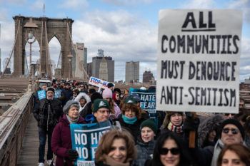 A Jewish solidarity march across the Brooklyn Bridge on January 5, 2020 in New York City. The march was held in response to a recent rise in anti-Semitic crimes in the greater New York metropolitan area.