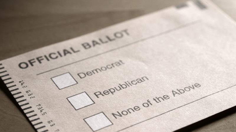 close-up image of a paper ballot with boxes for Democrat, Republicican and none of the above