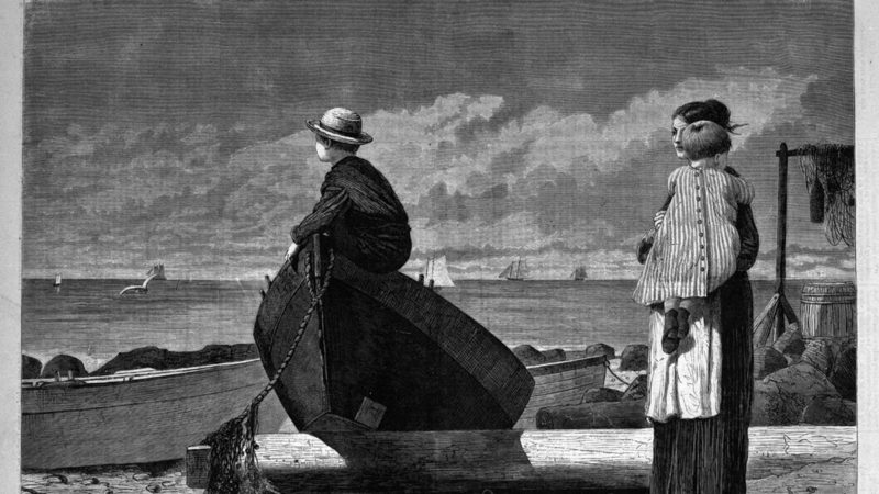 A Homer sketch called Dad's Coming! from 1873 in black-and-white depicting a mother and two children waiting onshore for an arriving sailor