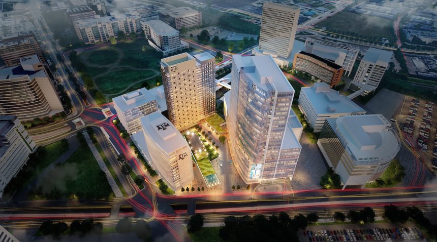 aerial view rendering of the three-building development