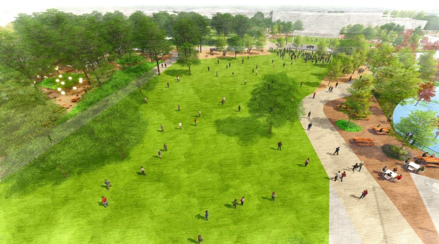 aerial view rendering of green space in aggie park