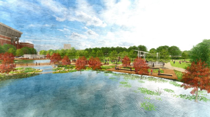 aerial view rendering of water feature in aggie park next to kyle field