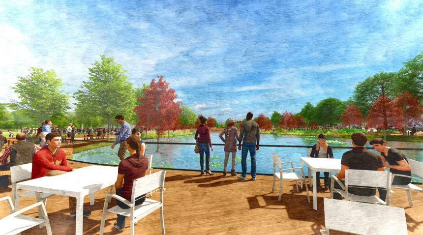 rendering of people sitting next to water feature in aggie park