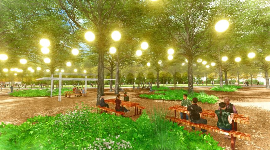 rendering of people sitting at shaded picnic tables under trees in aggie park