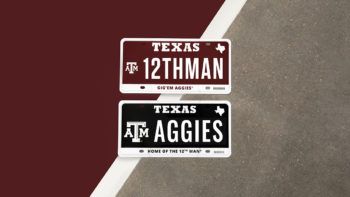a graphic depicting two Aggie license plates, one with a maroon background with white lettering that reads 12THMAN and one with a black background and white lettering that reads AGGIES