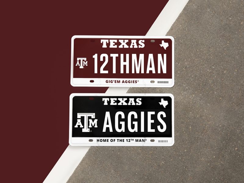 a graphic depicting two Aggie license plates, one with a maroon background with white lettering that reads 12THMAN and one with a black background and white lettering that reads AGGIES