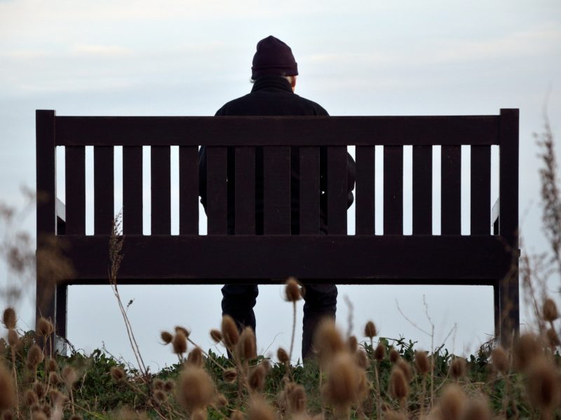 a man sits alone on a park bench