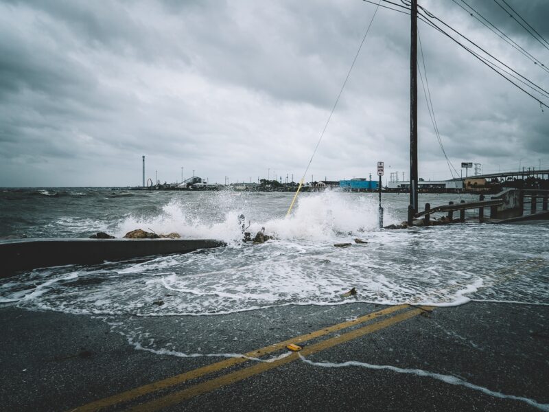 Water crashing over bridge during Hurricane Harvey in Kemah Texas