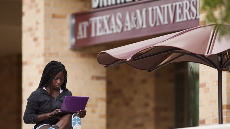 a woman sitting on a wall on the Texas A&M campus looking at a laptop
