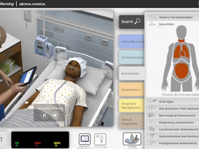 screen shot of a computer screen showing a digital nurse standing next to a patient lying in bed