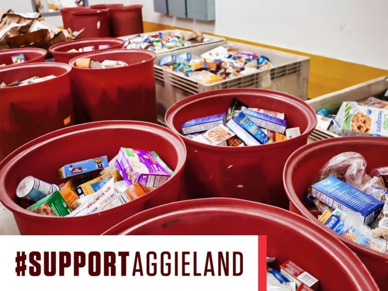 support aggieland graphic over image of non perishable food in buckets