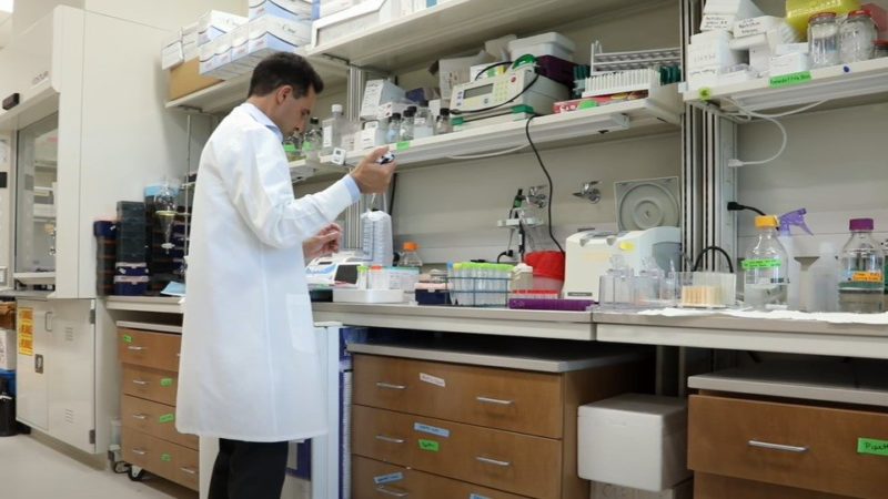 professor in white lab coat standing in lab