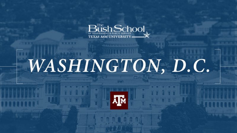 bush school graphic over image of capitol building