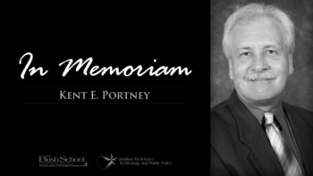 graphic reading "in memoriam: kent portney" next to black and white photograph of portney