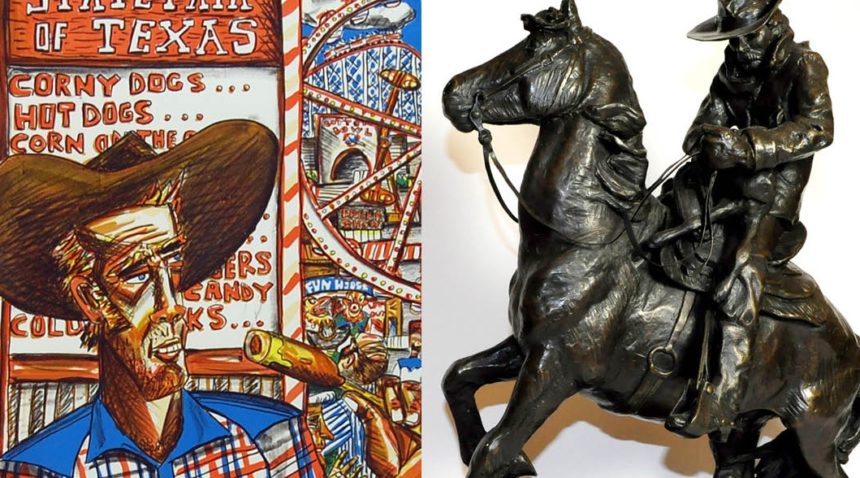 A photo of two works of art featuring cowboys, one from Stark Galleries, a lithograph on paper, the other from Forsyth in bronze