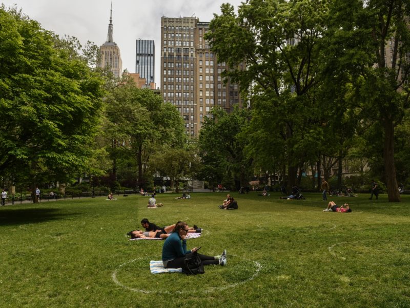 people sit in white painted circles on the grass in a park