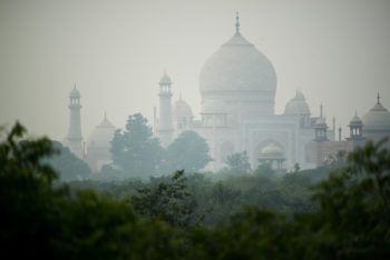 view of taj mahal through smog