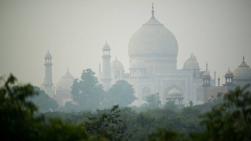 view of taj mahal through smog