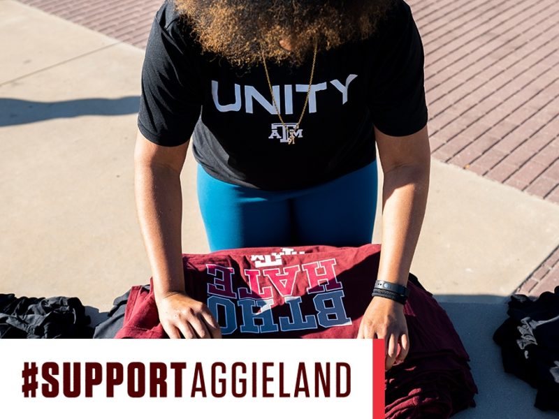 graphic reading #support aggieland over photo of student wearing t-shirt that says 