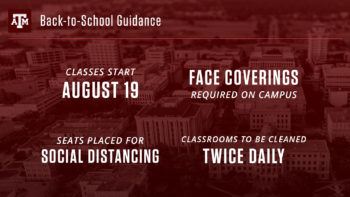 a graphic that says "classes start August 19" "face coverings required on campus" "seats placed for social distancing" and "classrooms to be cleaned twice daily"