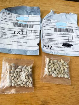 two packages of seeds with labeling from china