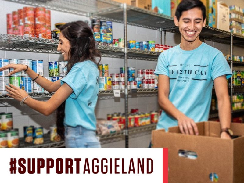 photo of students standing in food pantry with support aggieland graphic overlay