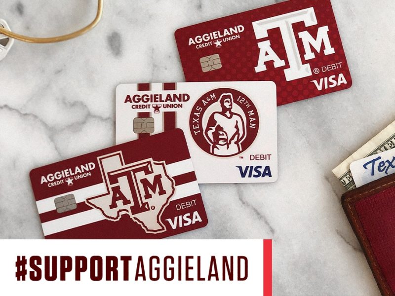 support aggieland text graph over image of aggieland credit union cards on a counter