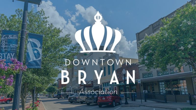 image of downtown bryan storefronts with graphic overlay of downtown bryan logo and text reading support aggieland