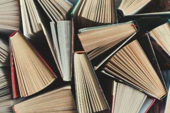 image from above of books on a table