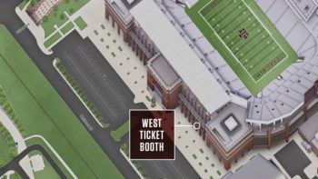 a rendering of Kyle Field marking the location of the west ticket booth