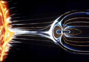 Graphic illustrating how charged particles released from the sun interact with the Earth's magnetic poles in the harsh environment of space.