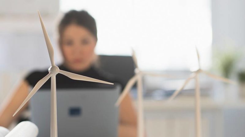 architect with windmill models using laptop