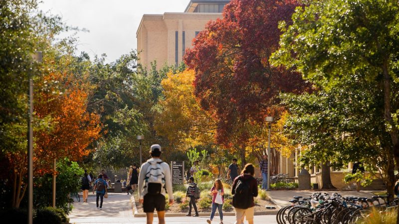 students walk on campus with fall foliage