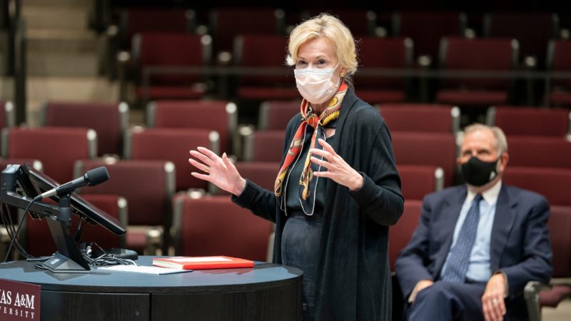 deborah birx wearing face mask speaking in teaching theater