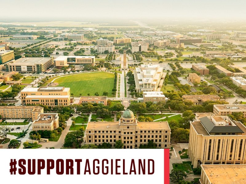 aerial view of campus with support aggieland graphic overlay