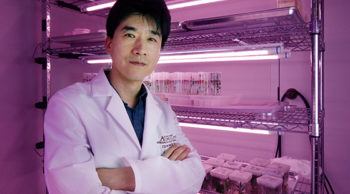 portrait of professor in white coat standing in a lab with purple lighting