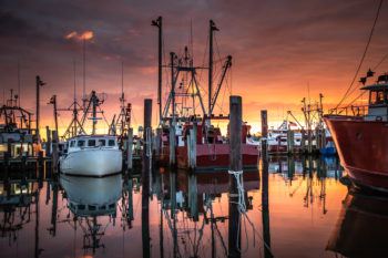 Wide shot of fishing fleet at sunset