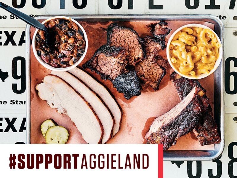 picture of barbecue on a tray with support aggieland text overlay