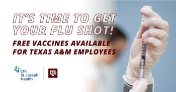 image of hand holding vaccine with text that says "it's time to get your flu shot" 