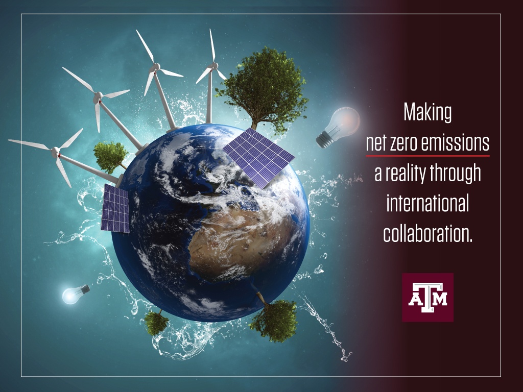 a graphic that reads making net zero emissions a reality through international collaboration