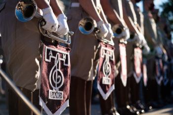 a photo of the Aggie band's bugle line