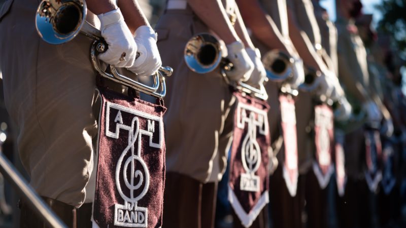 a photo of the Aggie band's bugle line