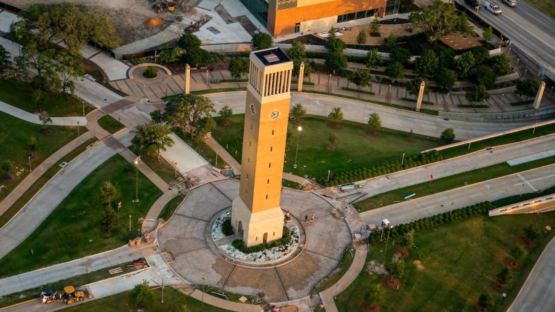 Campus aerial of the Allbritton Clock Tower