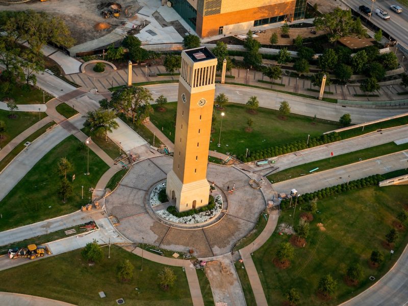 Campus aerial of the Allbritton Clock Tower