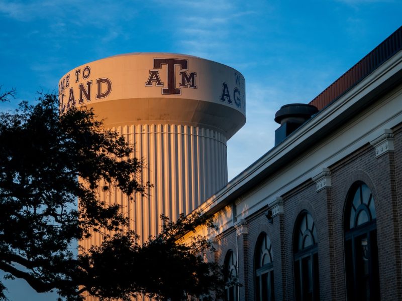 texas a&m water tower at sunset