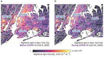 side=by-side maps of new york city showing levels of nighttime light in new york city before and after the pandemic