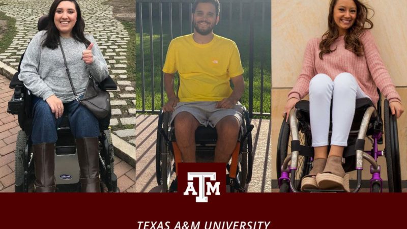 a photo of three Texas A&M students who use wheelchairs with text reading 